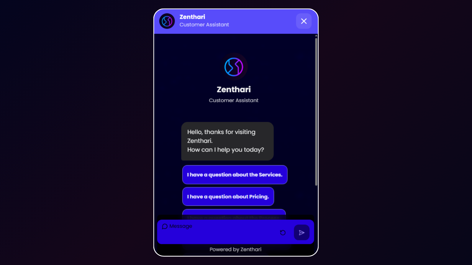 Live Example: Zenthari Website Chatbot preview